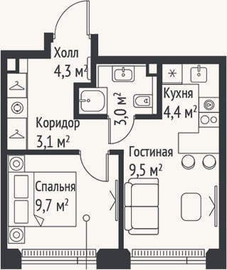 Планировка: 2-к, 34 м²