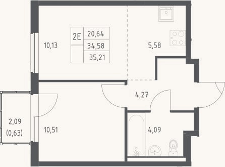 Планировка: 2-к, 34,6 м²
