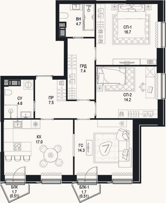 Планировка: 3-к, 86,4 м²