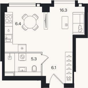 Планировка: Студия, 34,1 м²