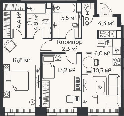 Планировка: 3-к, 68,5 м²