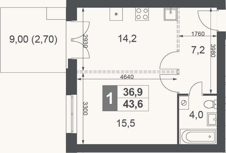 Планировка: 1-к, 40,9 м²