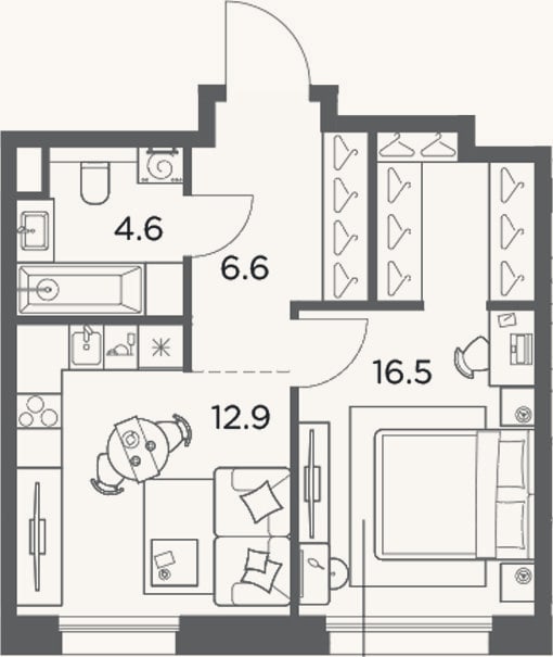Планировка: 1-к, 40,6 м²