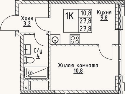 Планировка: 1-к, 27,8 м²