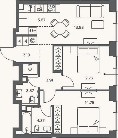 Планировка: 3-к, 62,3 м²