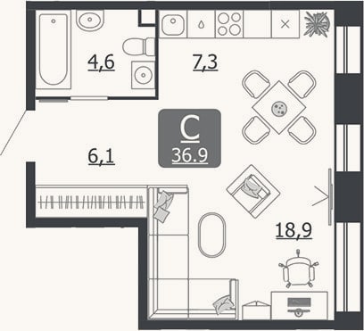 Планировка: Студия, 36,9 м²