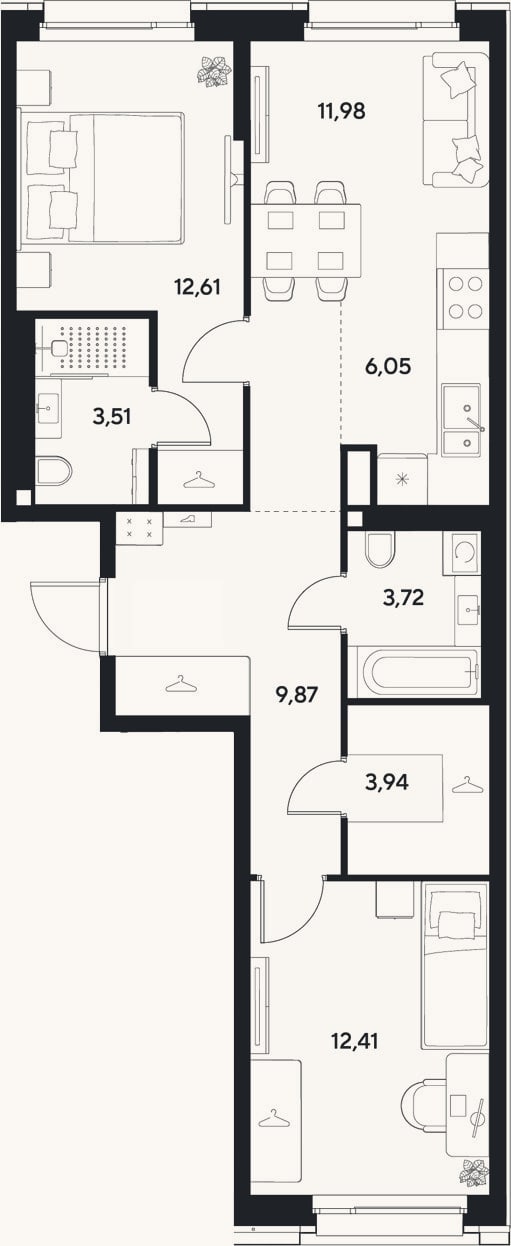 Планировка: 3-к, 64,1 м²