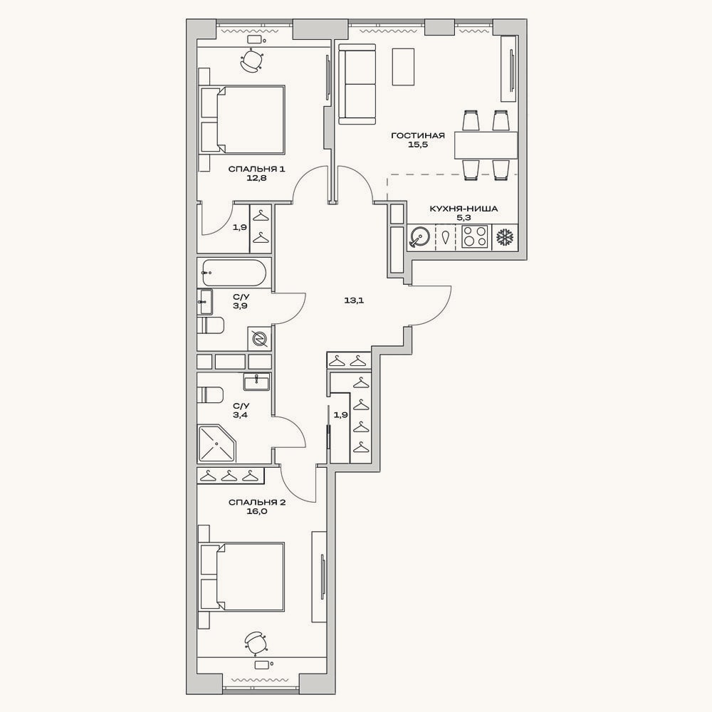 Планировка: 3-к, 75,2 м²
