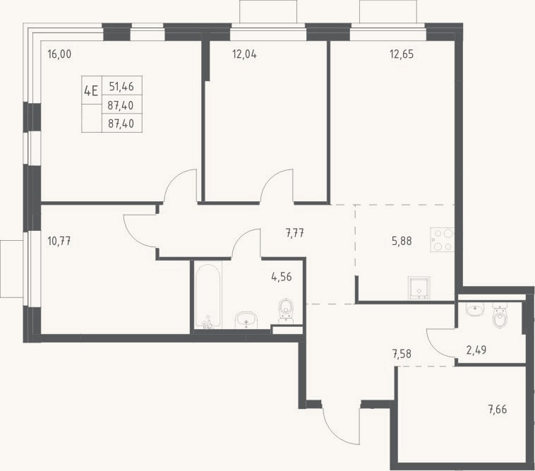 Планировка: 4+ к, 87,4 м²