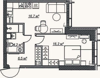Планировка: 2-к, 43,6 м²