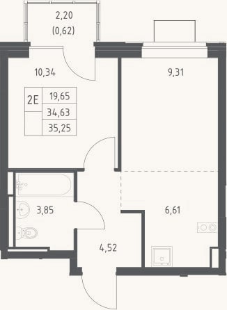 Планировка: 2-к, 34,6 м²
