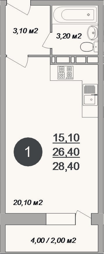 Планировка: Студия, 26,4 м²