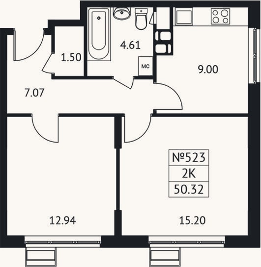 Планировка: 2-к, 50,3 м²