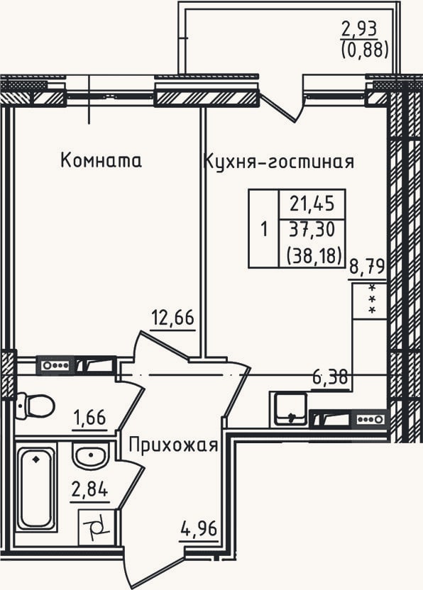 Планировка: 2-к, 37,3 м²