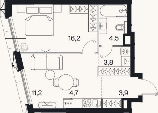 Планировка: 2-к, 44,3 м²