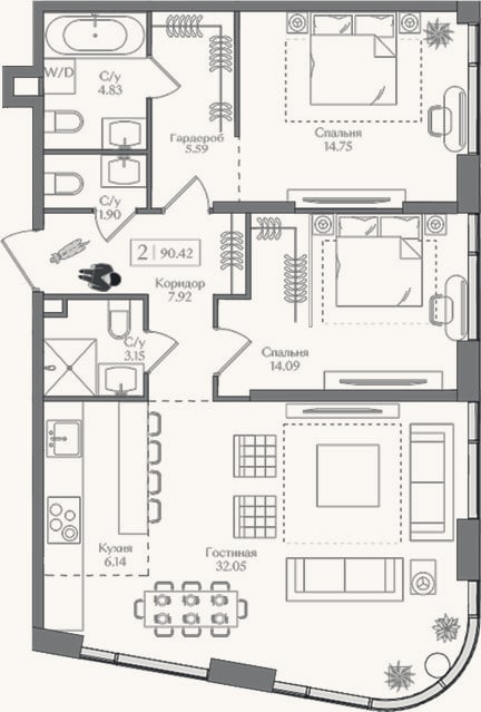 Планировка: 3-к, 90,4 м²