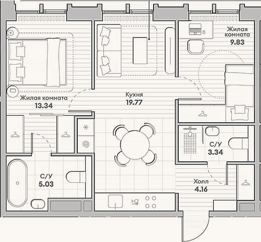 Планировка: 2-к, 55,5 м²