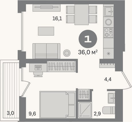 Планировка: 1-к, 33 м²