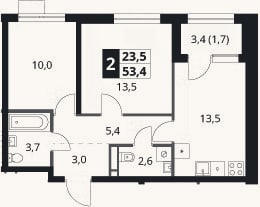 Планировка: 2-к, 51,7 м²