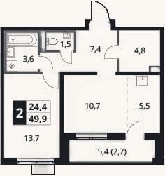 Планировка: 1-к, 47,2 м²
