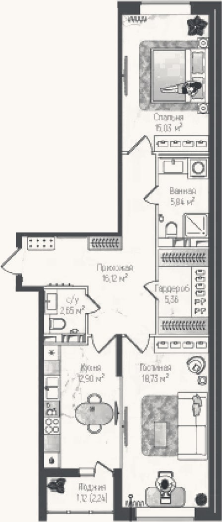 Планировка: 2-к, 75,6 м²