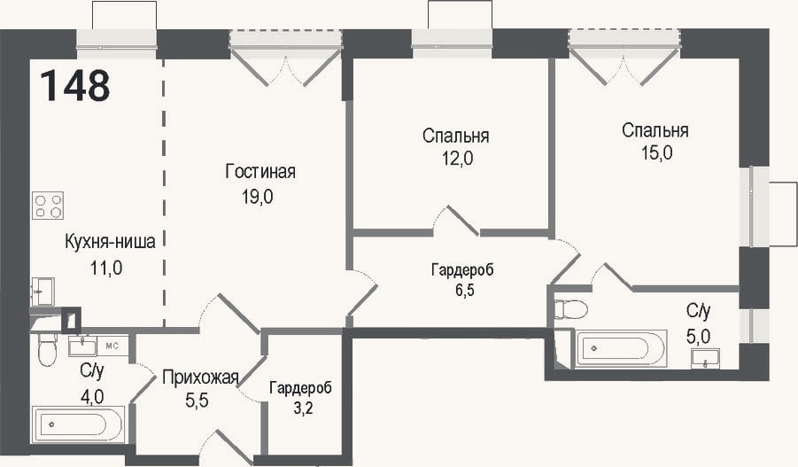 Планировка: 3-к, 81,2 м²