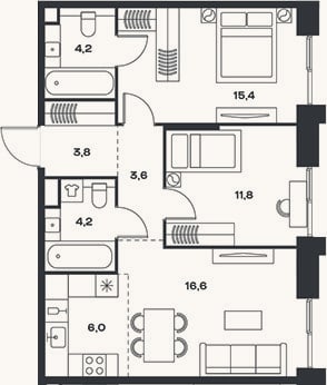 Планировка: 3-к, 65,6 м²