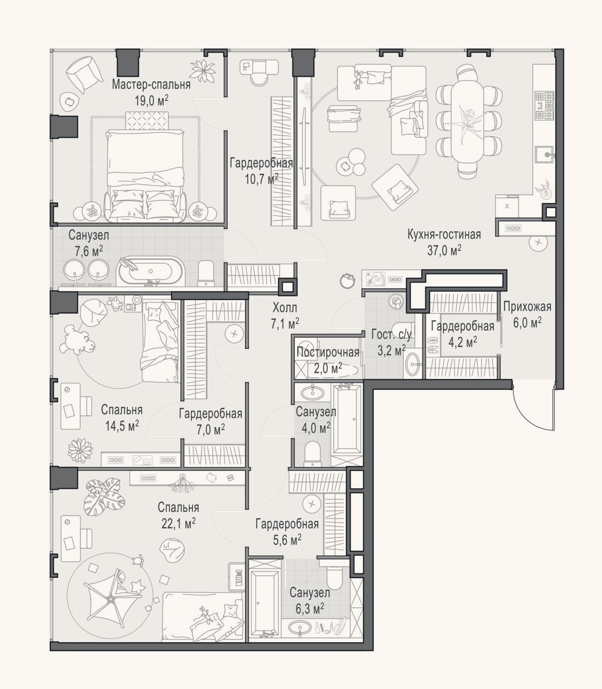 Планировка: 4+ к, 156 м²