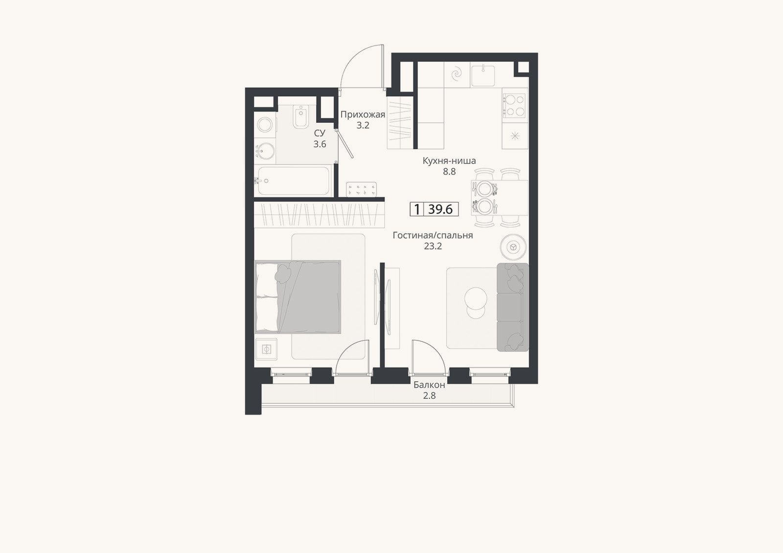 Планировка: Студия, 38,8 м²