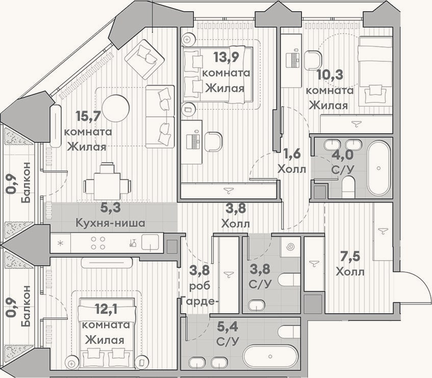 Планировка: 4+ к, 87,2 м²