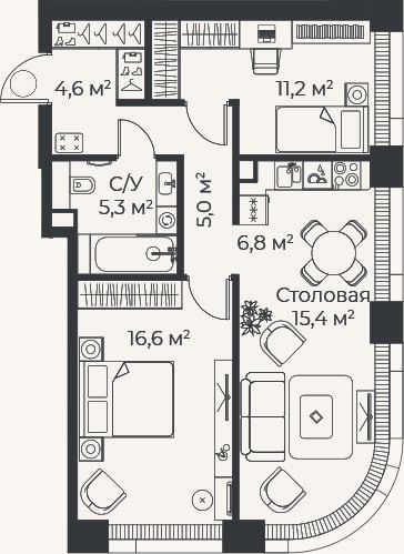 Планировка: 3-к, 64,9 м²