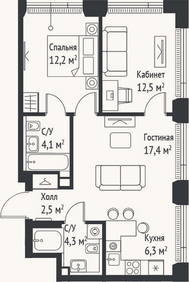 Планировка: 3-к, 59,4 м²