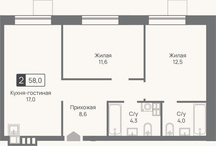 Планировка: 3-к, 58 м²
