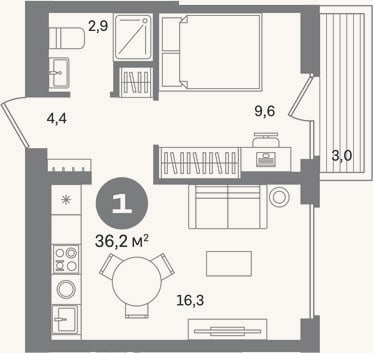 Планировка: 1-к, 33,2 м²