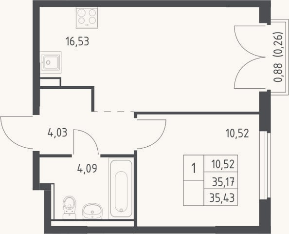 Планировка: 2-к, 35,2 м²