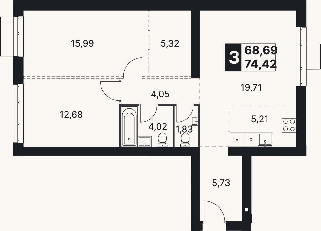 Планировка: 3-к, 74,4 м²
