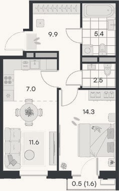 Планировка: 2-к, 50,7 м²
