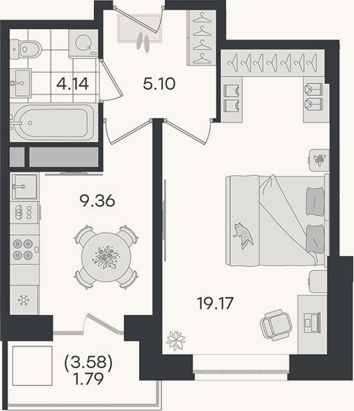 Планировка: 1-к, 37,8 м²