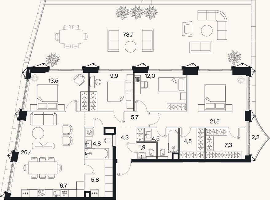 Планировка: 4+ к, 128,7 м²
