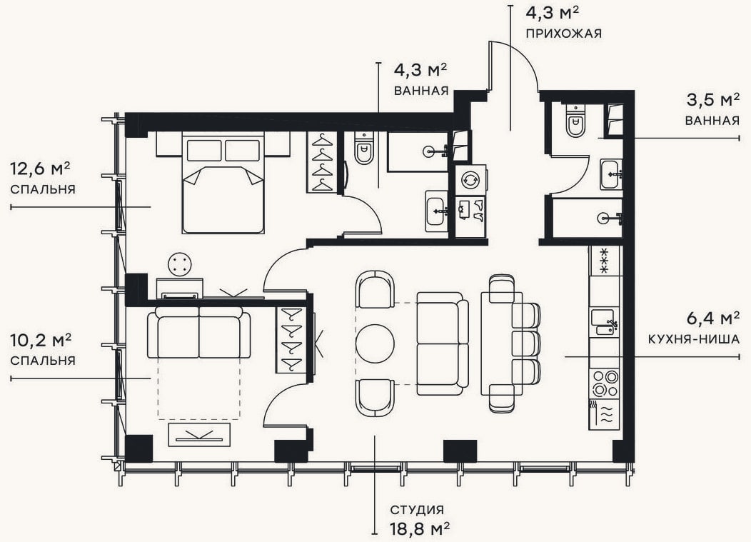 Планировка: 3-к, 60,1 м²