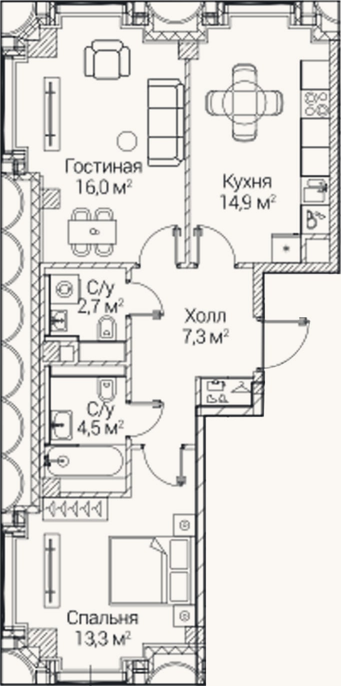 Планировка: 2-к, 58,9 м²