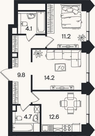 Планировка: 2-к, 56,6 м²