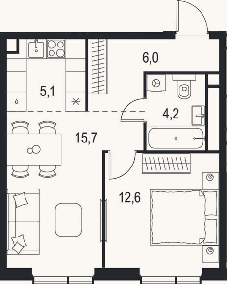 Планировка: 2-к, 43,6 м²