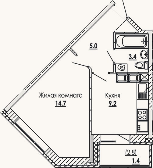 Планировка: 1-к, 32,3 м²