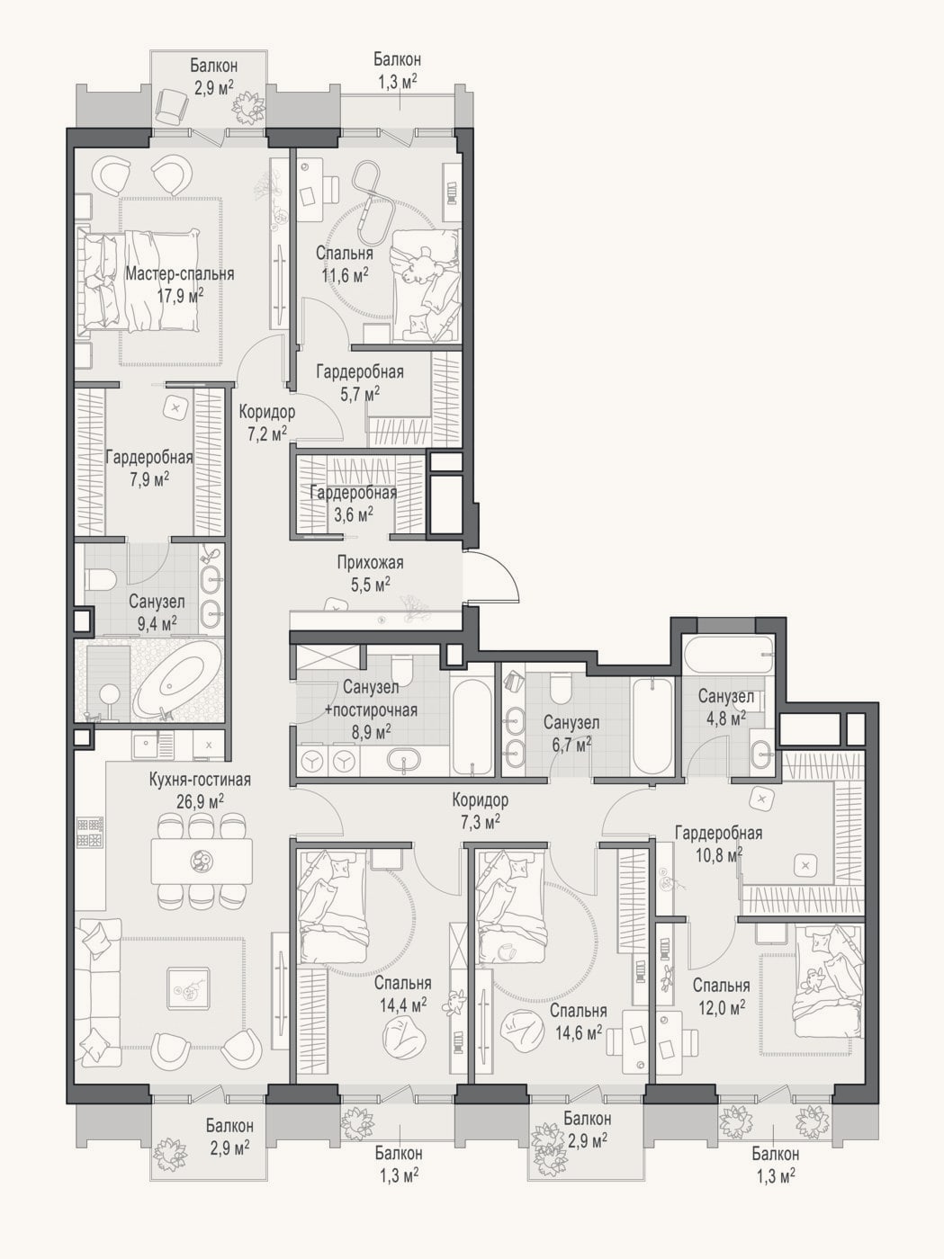 Планировка: 4+ к, 177,5 м²