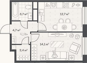 Планировка: 1-к, 37,6 м²