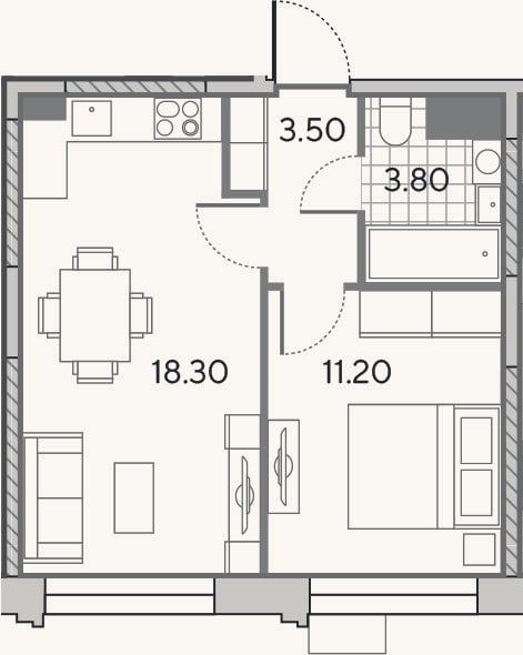 Планировка: 2-к, 36,8 м²