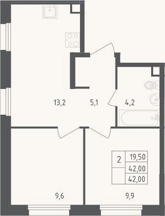 Планировка: 2-к, 42 м²