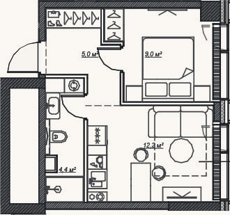 Планировка: 2-к, 30,7 м²