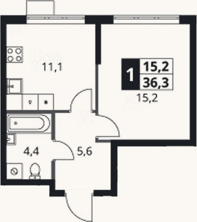 Планировка: 1-к, 36,3 м²